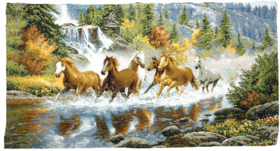 Лошади у водопада евро- гобеленовый купон