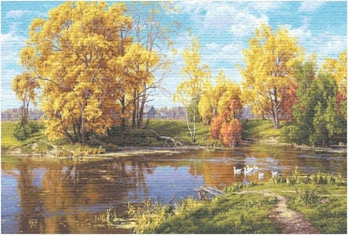 Сельский пруд осенью - гобеленовая картина