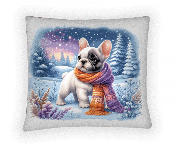 Французский бульдог и снегопад- гобеленовая наволочка