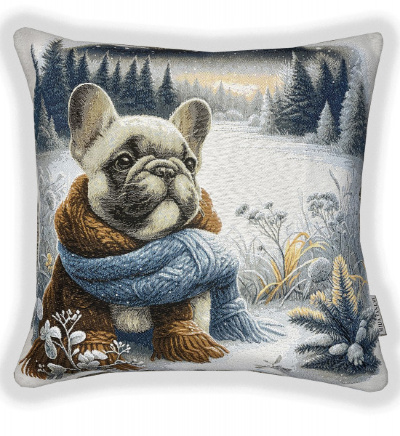 Французский бульдог и зимний лес -гобеленовая наволочка 