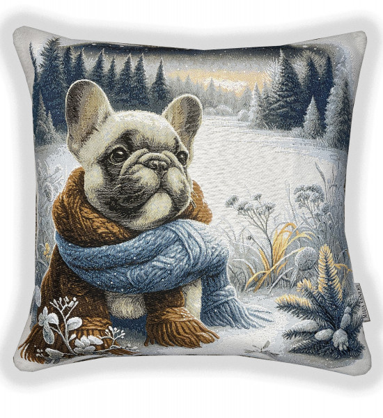 Французский бульдог и зимний лес -гобеленовая наволочка