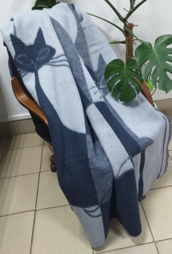Одеяло 100% шерсть мериноса кошки синие