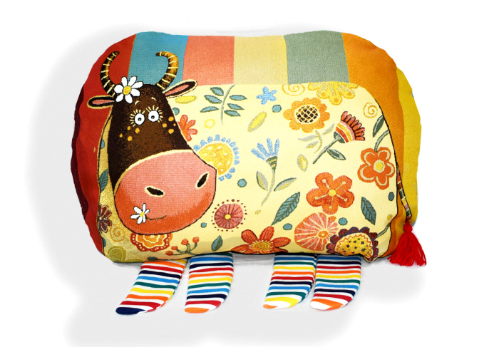 Коровка в цветах полоска - гобеленовая подушка-игрушка